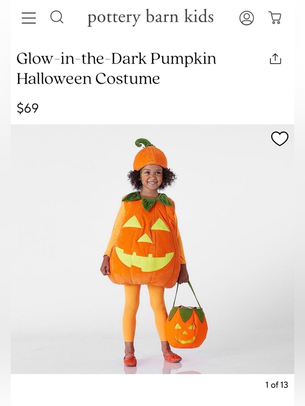Pottery Barn Kids Orange Glow Pumpkin Costume with Green Leaf Collar